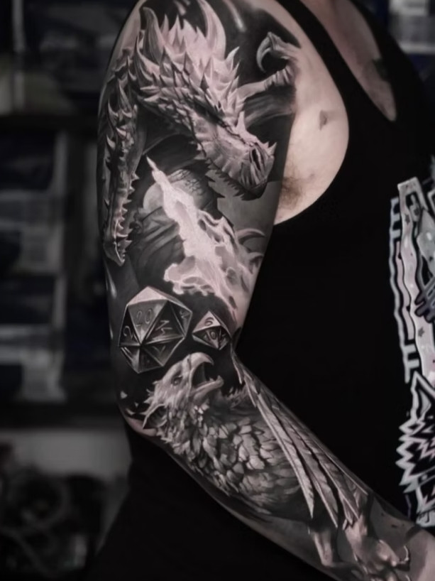 Black Grey Dragon Realism Sleeve Tattoo Oxford | Straight Lines Tattoo