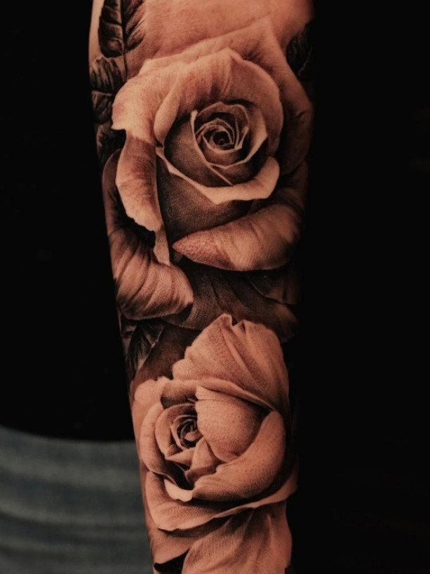 Black And Grey Rose Tattoo Sleeve