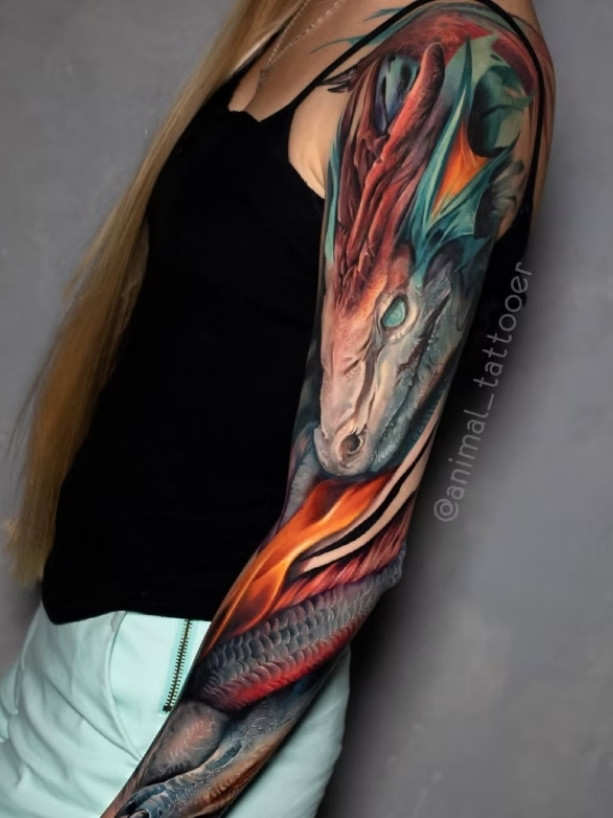 Colour Dragon Sleeve Tattoo | Straight Lines Tattoo