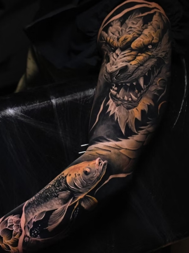 Golden Realistic Dragon Tattoo Bristol | Straight Lines Tattoo
